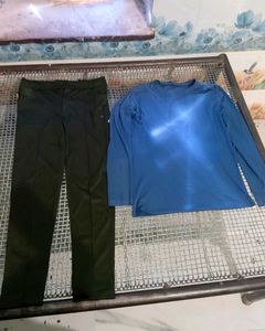 Men's Blue Long Sleeve Top and Black Pants