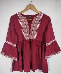 Rytras Maroon Embellished V Neck With Bell Sleeve Top (Women's)