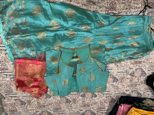 Teal Brocade Lehenga Choli Set raw silk