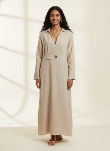 Long Sleeve Beige Linen Dress
