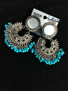 Oxidized Mirror Jhumka Earrings with Blue Beads