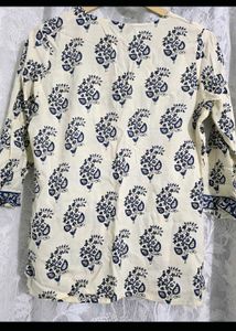 Cream &amp; Blue Floral Print Kurta