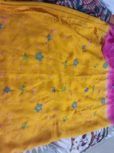 Yellow Saree with Floral Embroidery