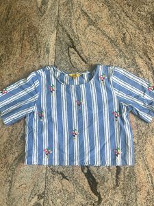 Blue Striped Embroidered Top ( global desi )