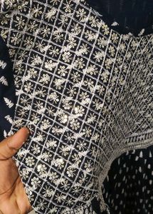 Navy Blue Printed Kurta with Embroidery