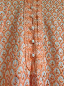 Peach Printed Kurta with White Pants
