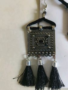 Oxidised Black Tassels Earrings Necklace Jewellery Set