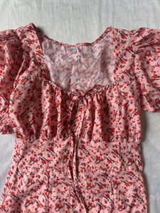 Pink Floral Puff Sleeve Square Neck Dress