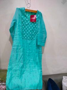 Turquoise Biba Kurta with Embellished Neckline