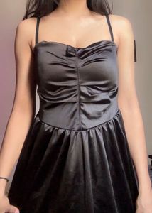 Satin Ruched Spaghetti Strap Dress, [SIZE-S]