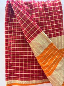 Vibrant Red Checkered Saree