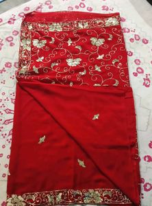 Red Saree with Silver Embroidery