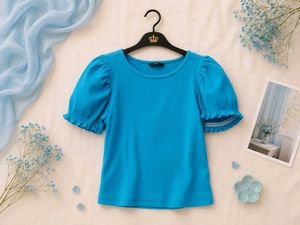 Blue Puff Sleeve Ribbed Top
