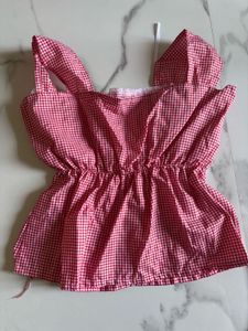 Red Gingham Corset Top with Lace Detail
