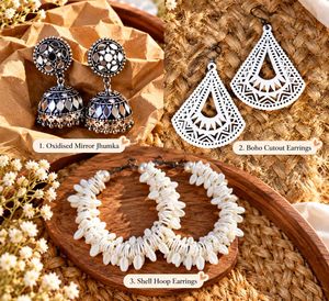 Boho Oxidised Jhumka & Shell Hoop Earrings