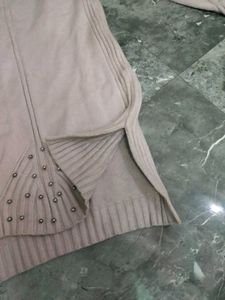 Beige Studded Knit Sweater Dress