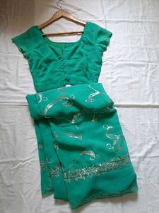 Elegant Green Embroidered Saree with readymade blo
