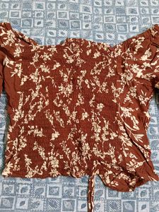 Brown Floral Ruched Long Sleeve Top