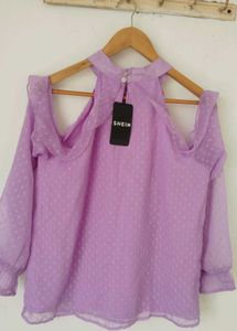 Lavender Cold Shoulder Top with Floral Accent🪻