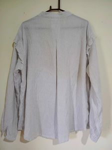 White and Grey Striped Ruffle Blouse