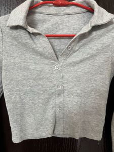 Grey Cropped Collared Button-Up Top