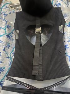 Edgy Black Ribbed Crop Top with Buckle Detail