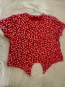 Red Floral Crop Top With Tie Up Detail On Waist