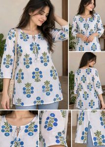 Blue Floral Print Cotton Tunic