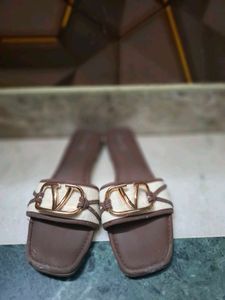 Canvas and Leather Flat Slide Sandals