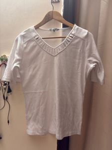 White V-Neck T-Shirt with Cutout Detail