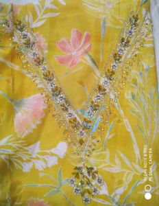Yellow modal silk handwork suit with  muslin d