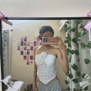 Sheer White Strapless Ruched Crop Top