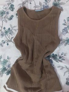 Brown Ribbed Sleeveless Top