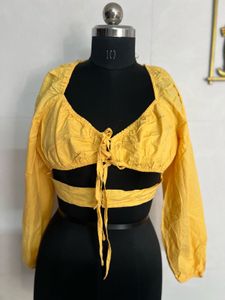Yellow Tie-Up Crop Blouse