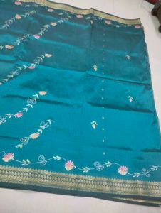 Teal Floral Silk Saree