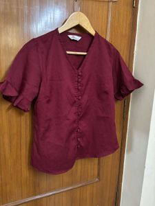 Maroon Button-Up Ruffle Sleeve Top
