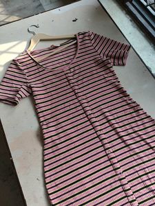 Striped Ribbed Button-Up  midi Dress
