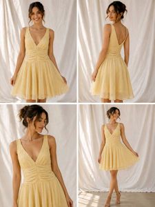 16J6. Chic Yellow V-Neck Ruched Mini Dress