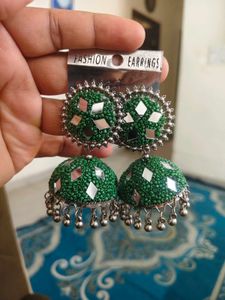 Stunning Green Mirror Big Jhumka Earrings