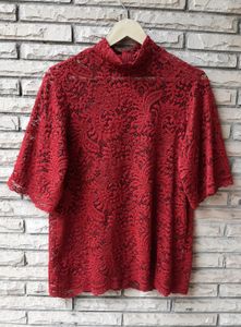 Elegant Red Lace Mock Neck Top
