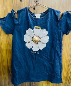 Guess Blue Cold Shoulder Sequin Flower Top