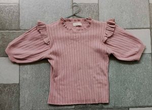 Cute Pink Ribbed Puff Sleeve Top