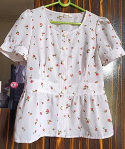 White Floral Button-Up Peplum Top