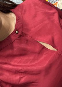 Maroon Tie-Front Satin Top