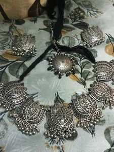 Oxidized Silver Lotus Necklace &amp; Earrings Set with