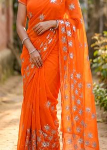 Vibrant Orange Embroidered Saree with blouse seque