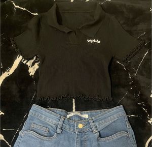 Cute Black Ribbed Collared Top