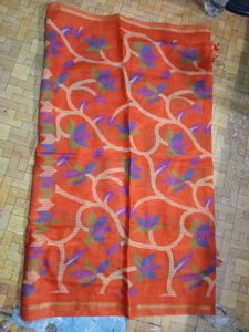 Orange Printed Saree with Tassels &amp; Blouse Piece