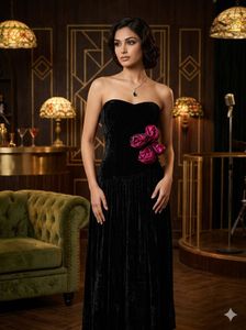 Velvet Strapless Gown with Floral Detail