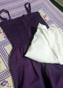 Purple Smocked Midi Dress + White Overlay Shirt